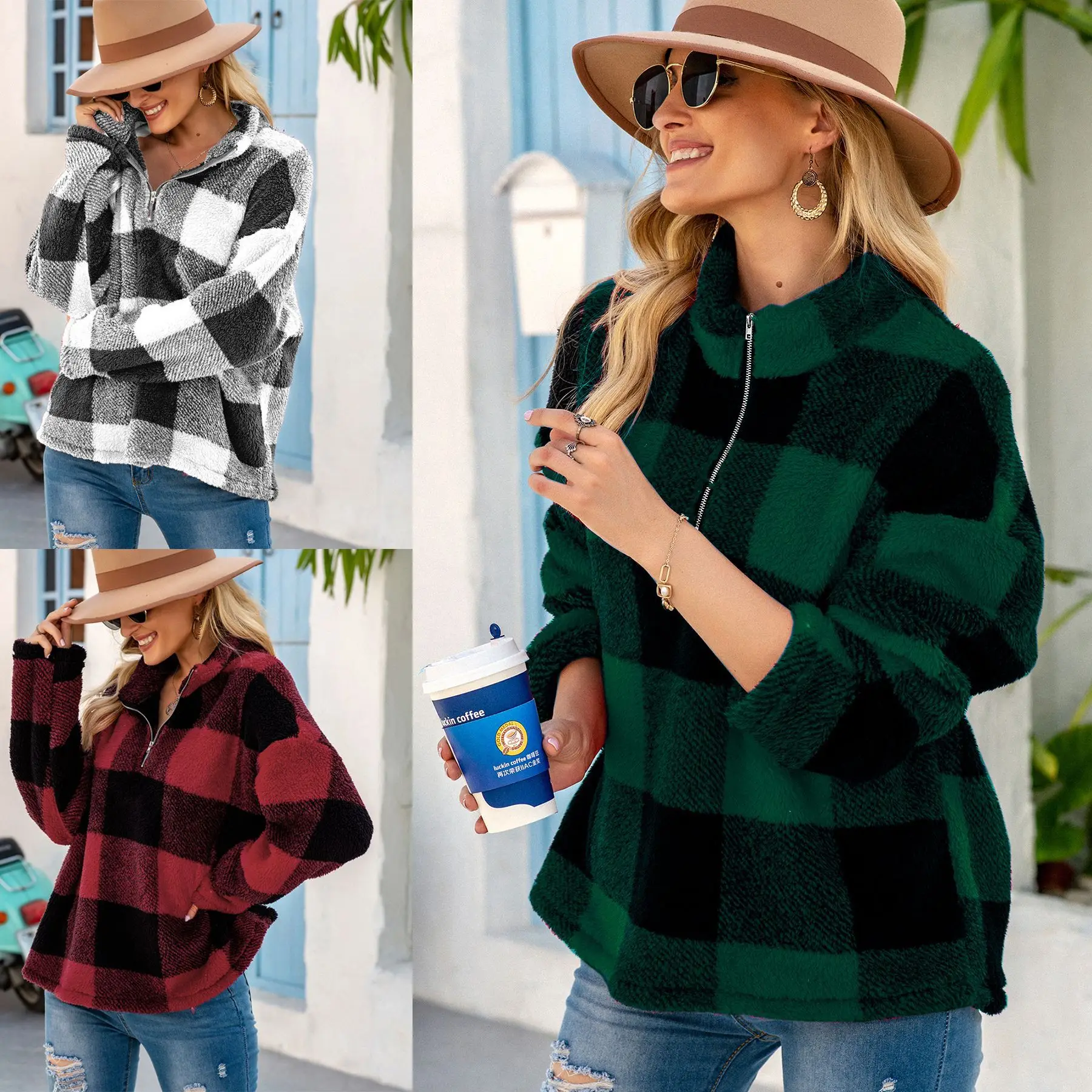 

Women Fluffy Coat Winter Sweatshirt Zipper Pocket Fleece Woman Pullover Plaid Polar Fleece Warm Jackets Long Sleeve Female Tops