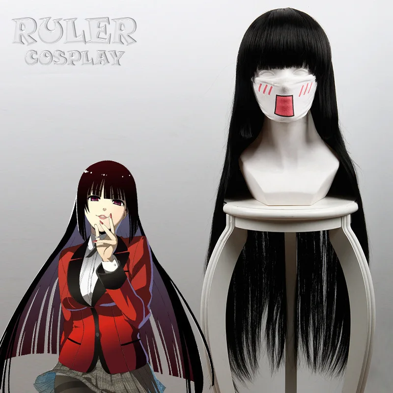 

Комельзивный геймпад Kakegurui Yumeko Jabami Косплей длиной 100 см, черные прямые термостойкие синтетические волосы, парики + бесплатная шапочка для па...