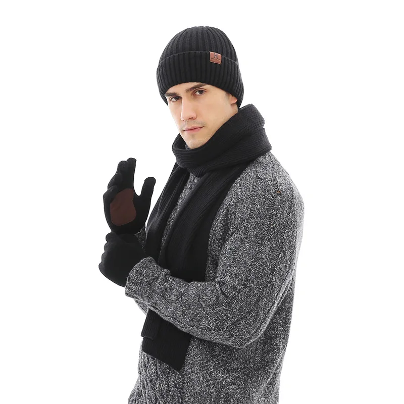 3PCS Winter Hats for Men Hat Scarf Gloves Set Long Brand Knit Beanie Caps Gift HSM003 | Аксессуары для одежды