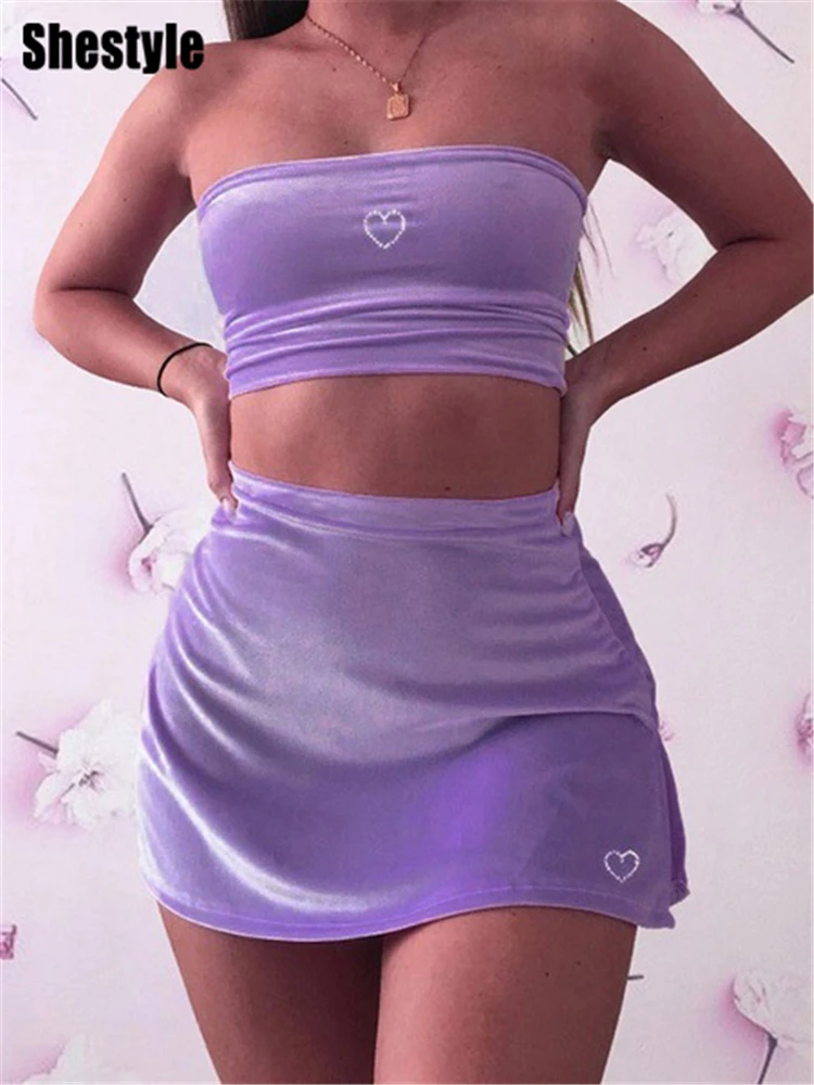 

Женский бархатный комплект из двух предметов Shestyle, укороченный топ-труба, Сексуальная мини-юбка с разрезом и сердцем, со стразами, Y2K, весна-л...