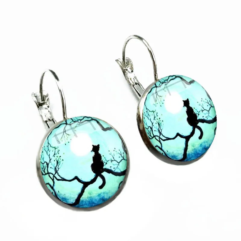 Кошка под синим ночным небом ручной работы Круглый купол стеклянный Серьги