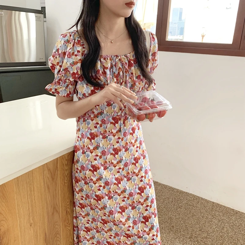 

Floral Print Vintage Summer Woman Long Dress Elegant Short Sleeve Sexy Square Neck Pullover Korean Chic Ladies Dresses Vestidos