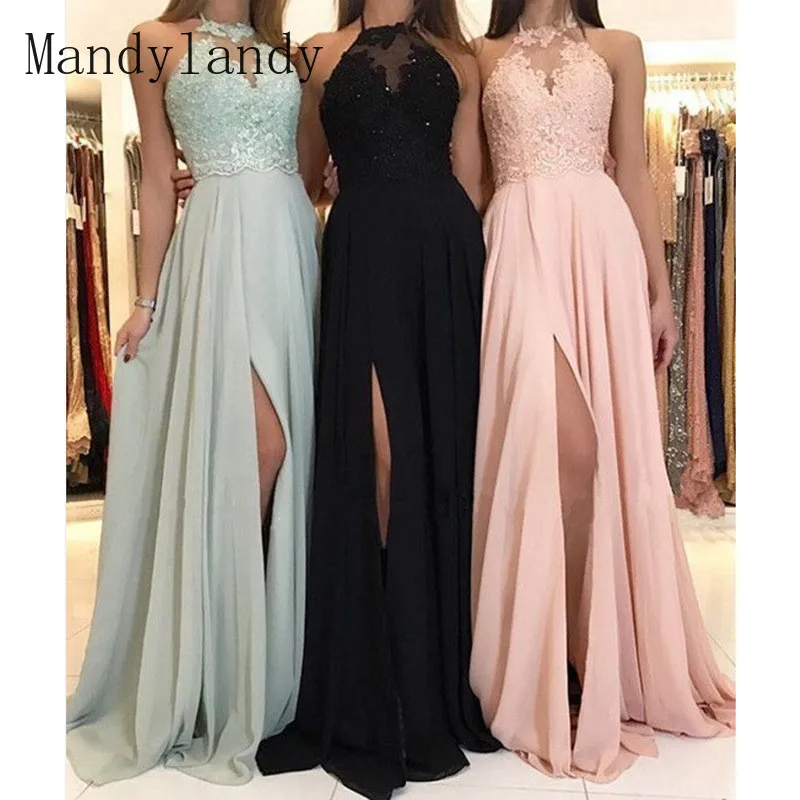 

Mandylandy Women Elegant Party Evening Dress Ladies Sexy Halter Sleeveless Halter High Waist Split Long Dress Prom Gown