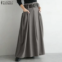 zanzea 2021 stylish pleated skirts womens spring sundress high waist maxi vestidos female casual zipper bow robe oversized