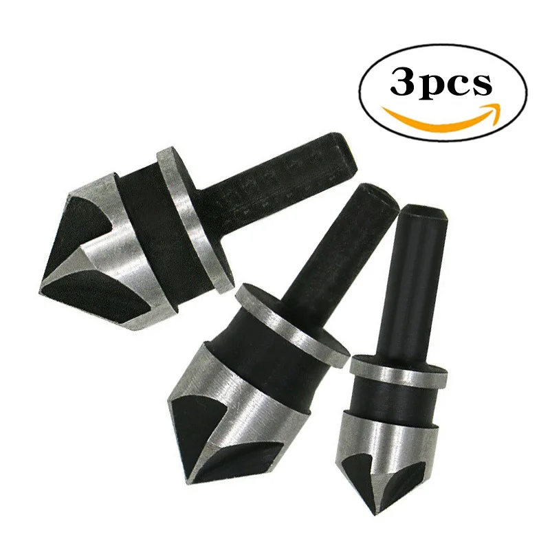 

3pcs round shank five-blade chamfering tool 90 degree chamfering knife 12-19mm drill bit set woodworkingng chamfering tool