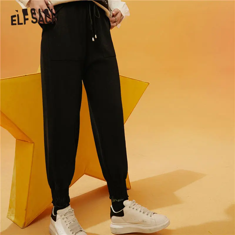 ELFSACK Solid Pure Straight Casual Women Knit Pants,2021 Winter ELF Vintage Drawstring High Waist Ladies Basic Daily Trouser