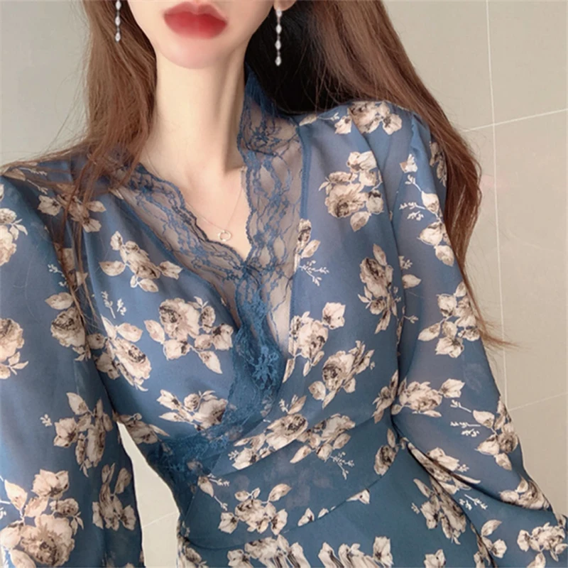 Платье BGTEEVER женское кружевное с V-образным вырезом и цветочным принтом шифоновое