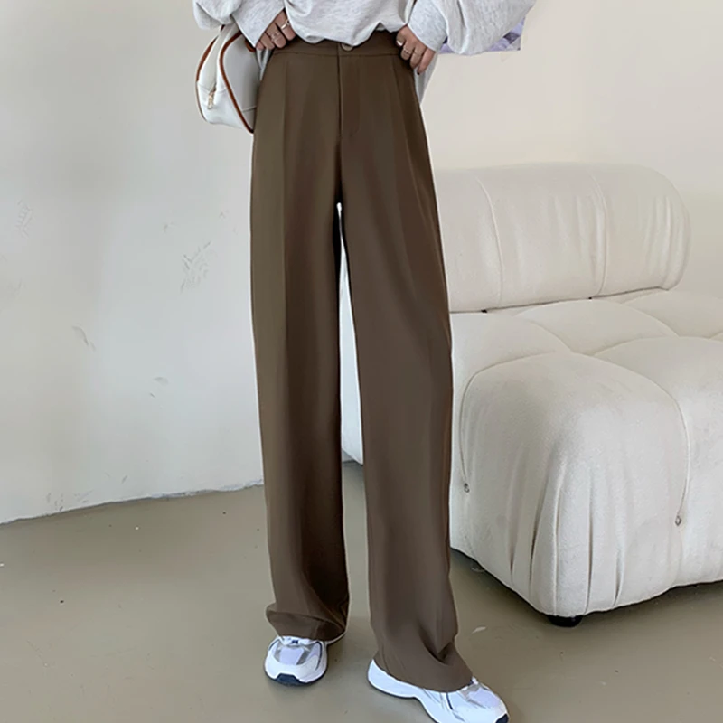 

Casual Single Button Women Straight Pants Autumn Winter Pantalon High Waist Female Suit Pants