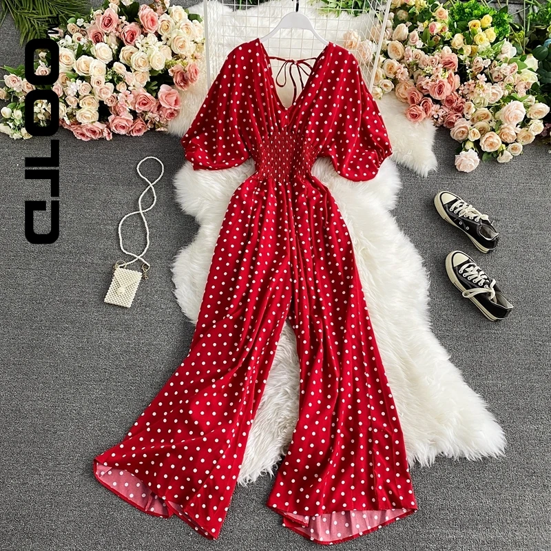 

OOTD Summer Women Sexy Polka Dot Jumpsuits Romper Thin Ladies Loose Wide Leg Pants Overalls Playsuits Jumpsuits Casual 2021