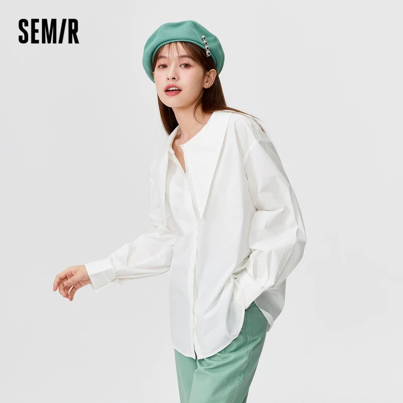 

Женская блузка с длинным рукавом SEMIR, белая хлопковая рубашка большого размера с отворотом и заостренным воротником, осень 2021