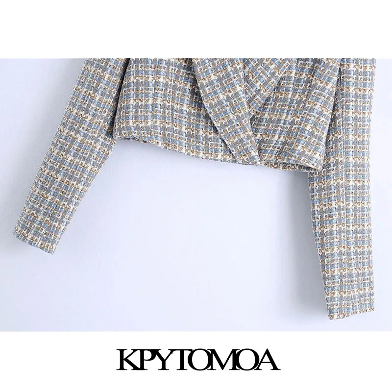 

KPYTOMOA Women 2021 Fashion Hidden Button Tweed Cropped Blazer Coat Vintage Long Sleeve Female Outerwear Chic Veste Femme