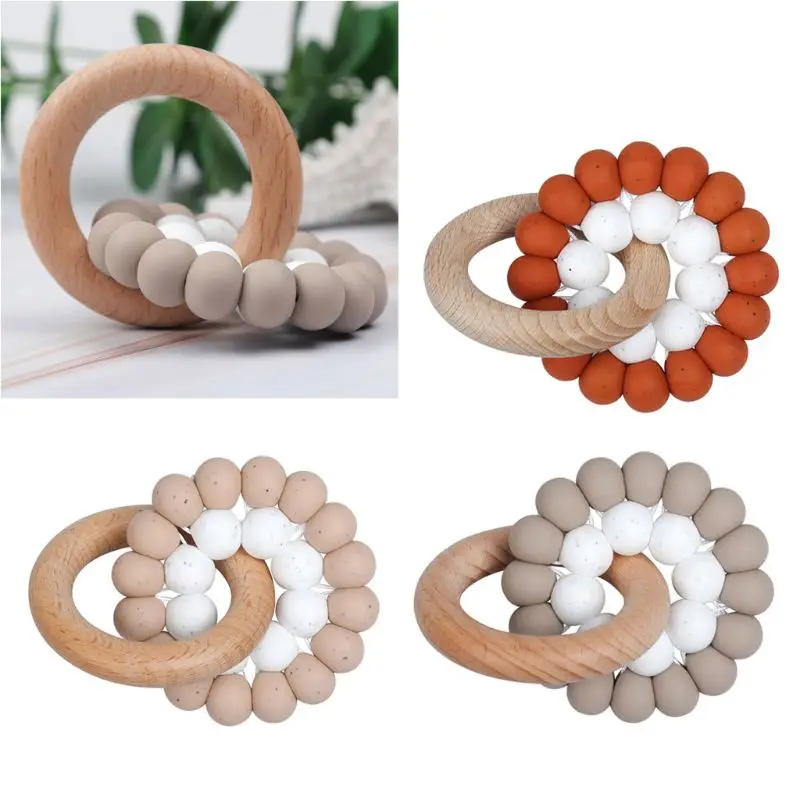 

Baby Teether Bracelet Ring Beech Wooden Pendant Baby Boys Girls Teething Rattle Shower Gift