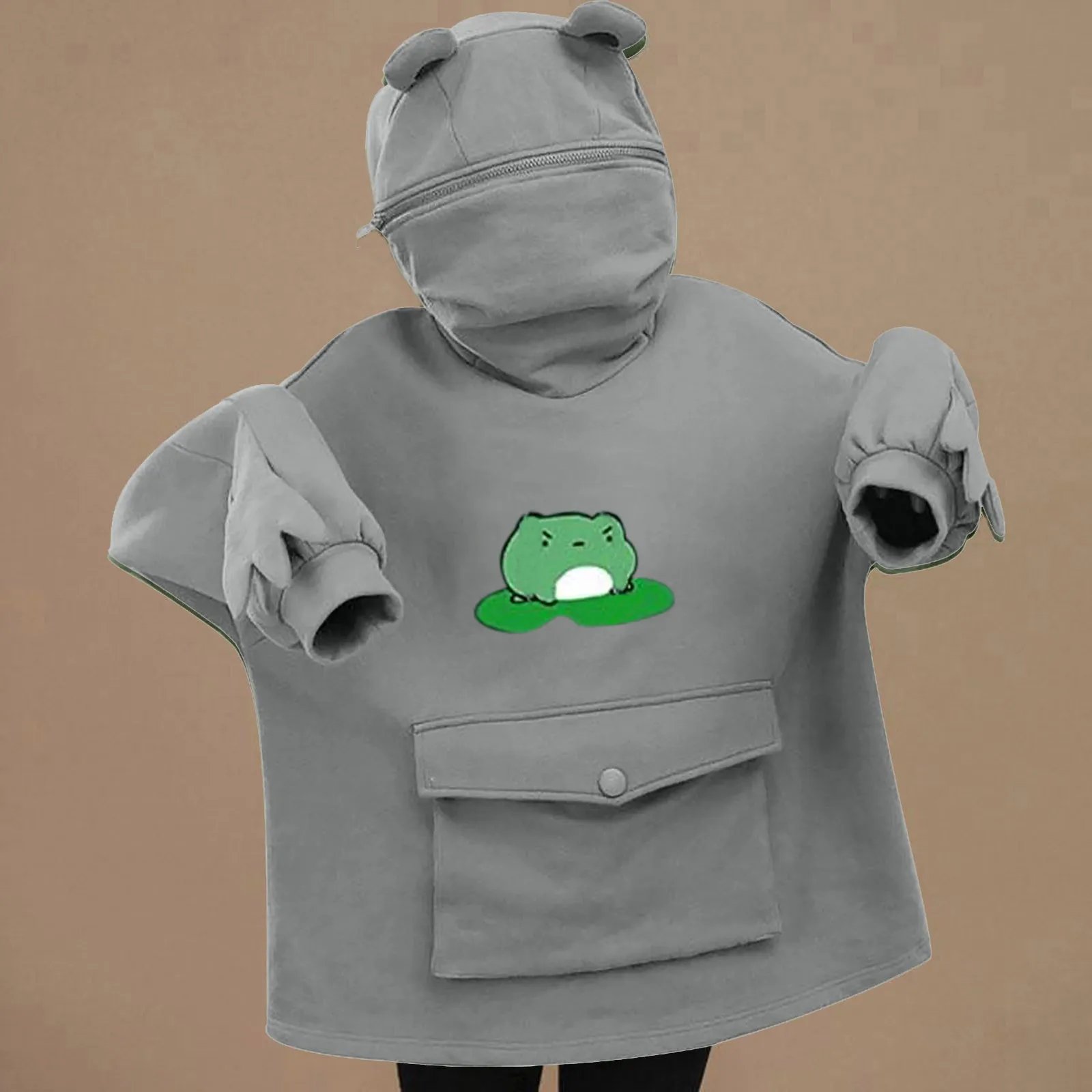 JAYCOSIN Women Sweetshirts Girls Hoodies Kawaii Clothes Zipper Mouth Hooded Pullover Sweatshirt With Large Pocket Korean Style