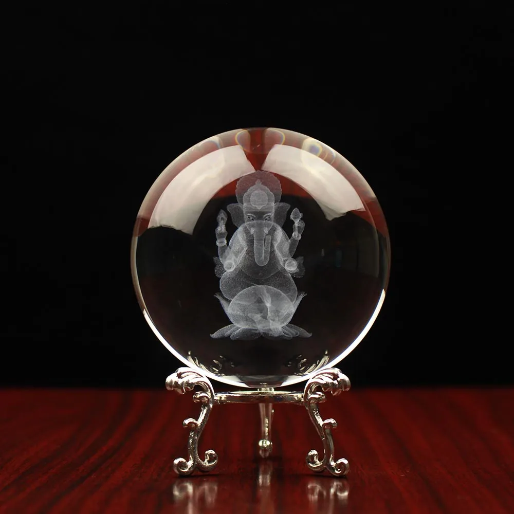 with silver base 3D лазерная гравировка Индийский Бог изобилия Ганеша хрустальный шар черная по щиколотку ремесла Глобус украшения дома аксессуары - Цвет: with silver base
