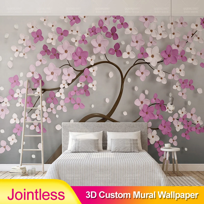 Настенные 3D обои без швов с изображением розового и фиолетового дерева большие