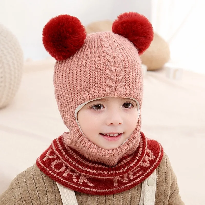 

Children Warm Caps Scarf Set Kids Winter Hats Ball Girls Boys Baby Bonnet Child Knitted Cute Hat for Girl Boy For 2-6T