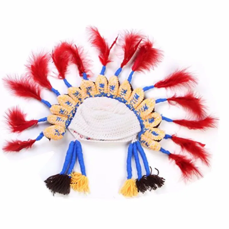 2Pcs/Set Newborn Photography Props Newborn Handmade Crochet Knit Clothes Set Indian Chief Hat Indian Style Baby Photo Costume
