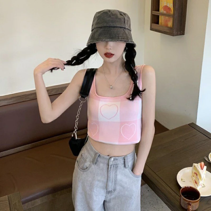 

Summer Female Square Neck Knit Crop Tops Women's Slim Fit Tank Tops Cute Plaid Heart Print Sleeveless
