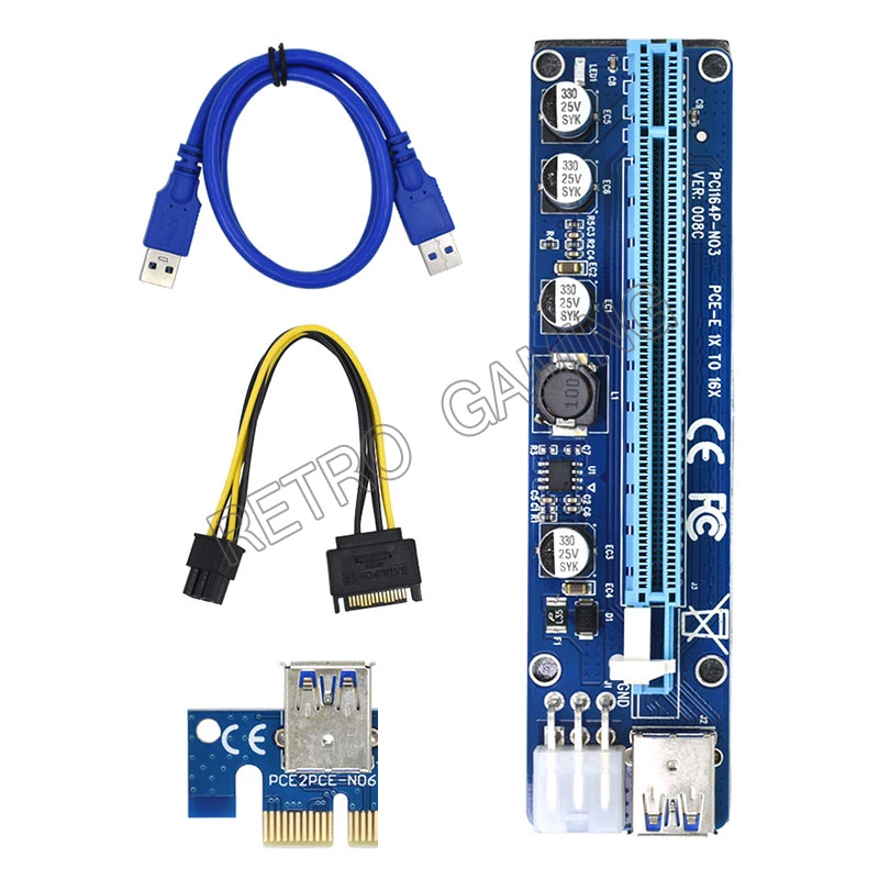 

2 pcs VER008C Molex 6 pin PCI-E Mining Riser Card 008C 1X to 16X Extender 60cm SATA USB 3.0 Cable Mining Bitcoin Miner