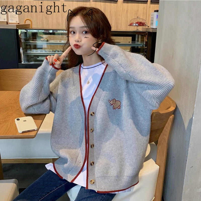 Женский кардиган с вышивкой в виде слона Gaganight весенне-осенний вязаный длинным