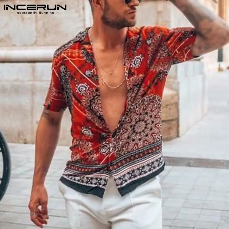 

INCERUN 2021 Men Hawaiian Shirt Printed Lapel Ethnic Style Streetwear Casual Camisas Hombre Summer Short Sleeve Vacation Shirts