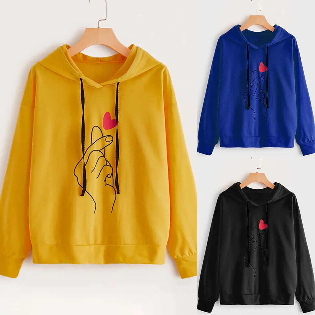 Черный Повседневный Свободный пуловер с круглым вырезом и принтом в виде сердца