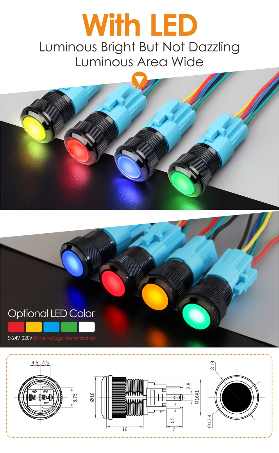LANBOO 16 мм ON OFF мгновенная пластиковая кнопка переключатель с светодиодный 24V220V