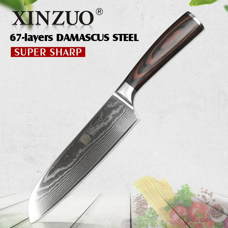 Нож Santoku XINZUO 7" ручной работы из японской дамасской стали VG 10 с 67 слоями, супер острый для кухонного шеф-повара с ручкой из паккавуда.