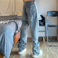 2022 mens and women jeans retro jeans embroidered jeans loose jeans button slit jeans blue jeans baggy jeans vintage streetwear