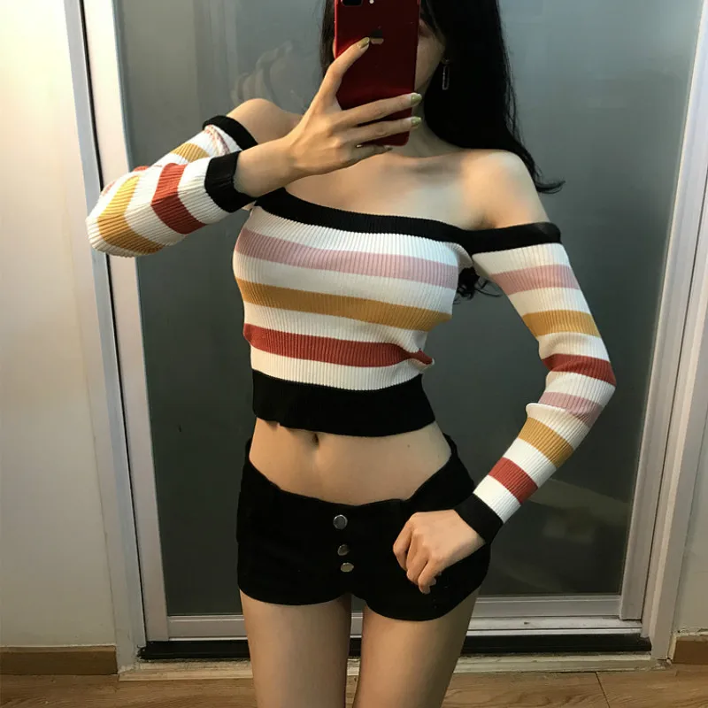 Woherb 2022 осенние пикантные топы с открытыми плечами Женский вязаный свитер