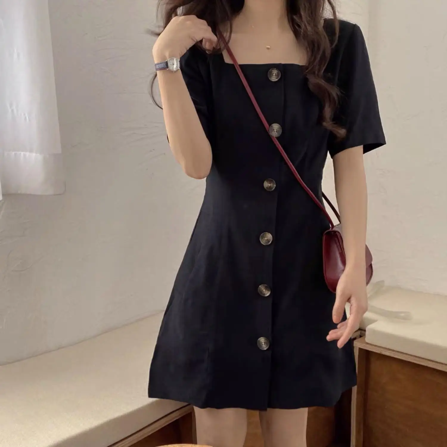 

Dress Women Short Sleeve Square Collar Solid Button All-match Summer Dresses Basic Slim Clothes Korean Style Leisure Midi A-Line