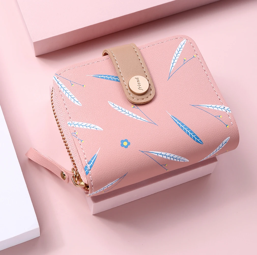 

Short Leaf Print Women's Wallet Soft PU Leather Credit Card Holder Buckle Two-fold Ladies Zipper Coin Purse Cute Money Wallets