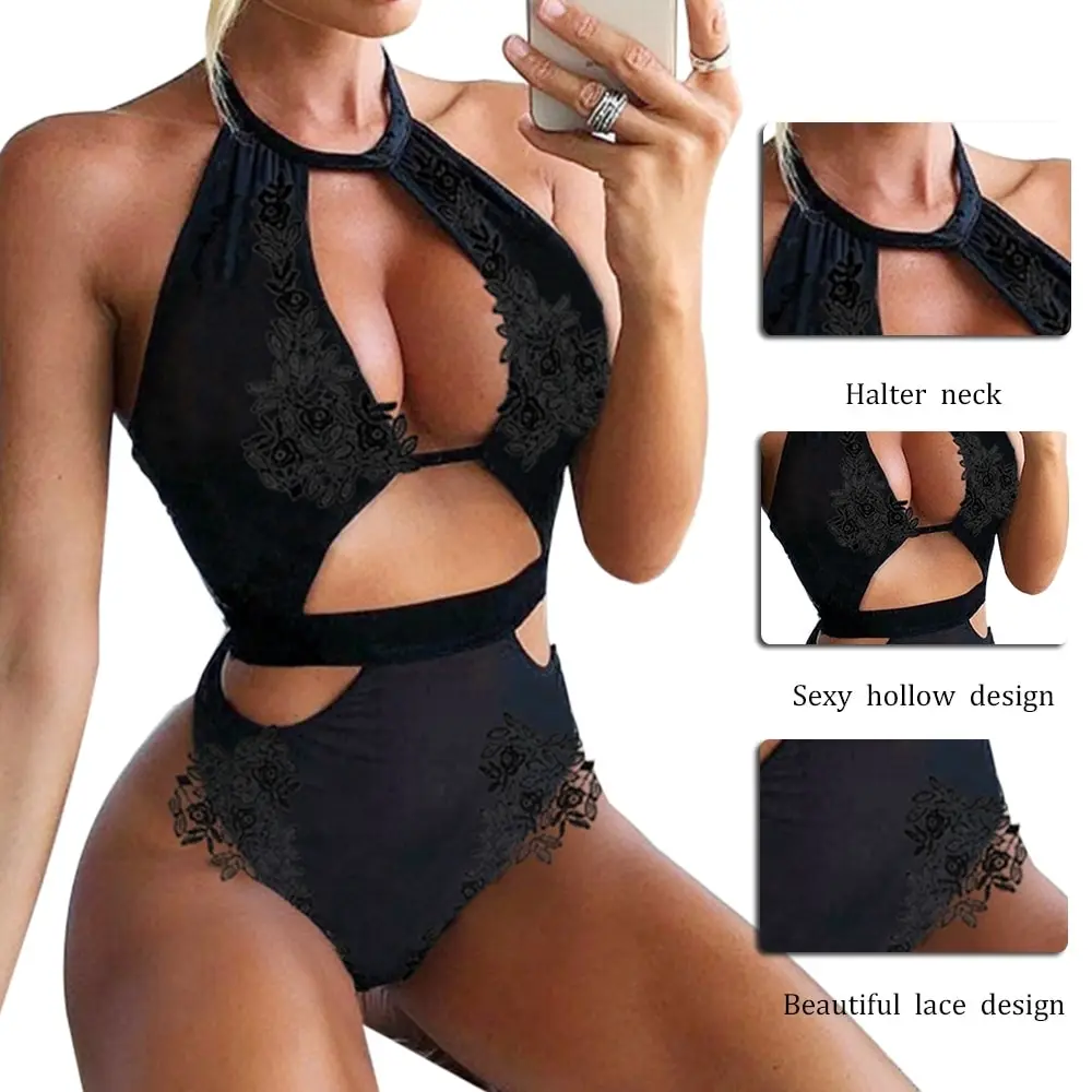 

2021 Women Erotic Sexy Lingeries Stretch Bodysuits Hollow Lingerie Bodysuit Lace Patchwork Underwear Black Backless Sleepwear
