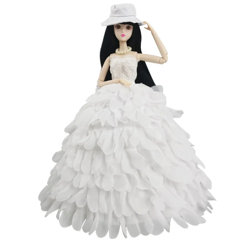 

White Fashion Multi-layer Wedding Dress For Barbie Dolls Clothes Party Long Gown Bridal Dresses Hat Suit 1/6 Doll Accessories