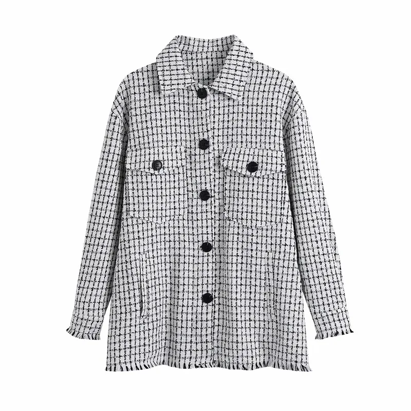 

Vogue Autumn Winter Women Double Pockets Vogue Nice Za Long Jackets Girls Casual Turn-Down Collar Plaid Woolen Loose Outwear