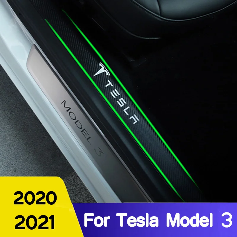 

Door Sill Leather Protective Mat For Tesla Model 3 2018-2021 Accessories Front & Rear Anti-kick Pad Carbon Fiber Style 4pcs/set