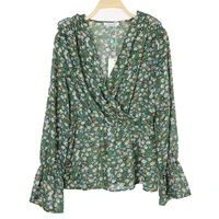 vintage floral blouses v neck long sleeve green chiffon elegant top fashion woman blouses summer 2022