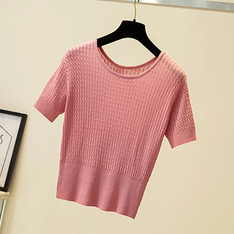 

Knitted T Shirt O Neck Korean Cute Thin Knit Soild Tshirt Ice Cotton Tee Tops Summer 2021 Clothes For Women Short T-shirt Femme