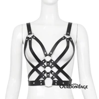 ourbondage female restraints bdsm bondage pu leather triple ring body chest harness strap with shoulder and waist belt sex toys