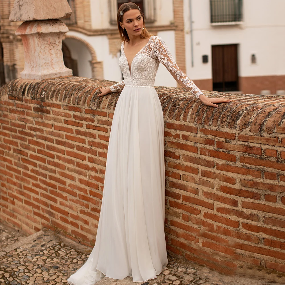 

V Neck Long Wedding Dresses with Sleeves White Lace Applique Chiffon Bridal Dress For Wedding Party Vestidos De Novia