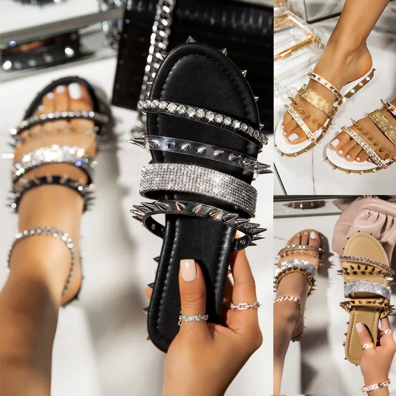 

fashion wild flip flop Spring/summer new women2020 outdoor non-slip flat rivet beaded rhinestone sandals casual beach slippers