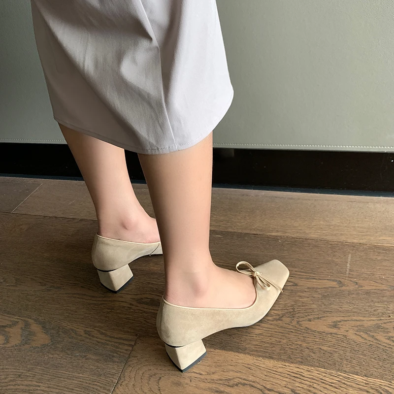 

ZVQ Women Good Qualtiy Pumps Heels Square Toe Solid color Leisure Working Shoes Bowknot decoration sheep suede upper Mature soft