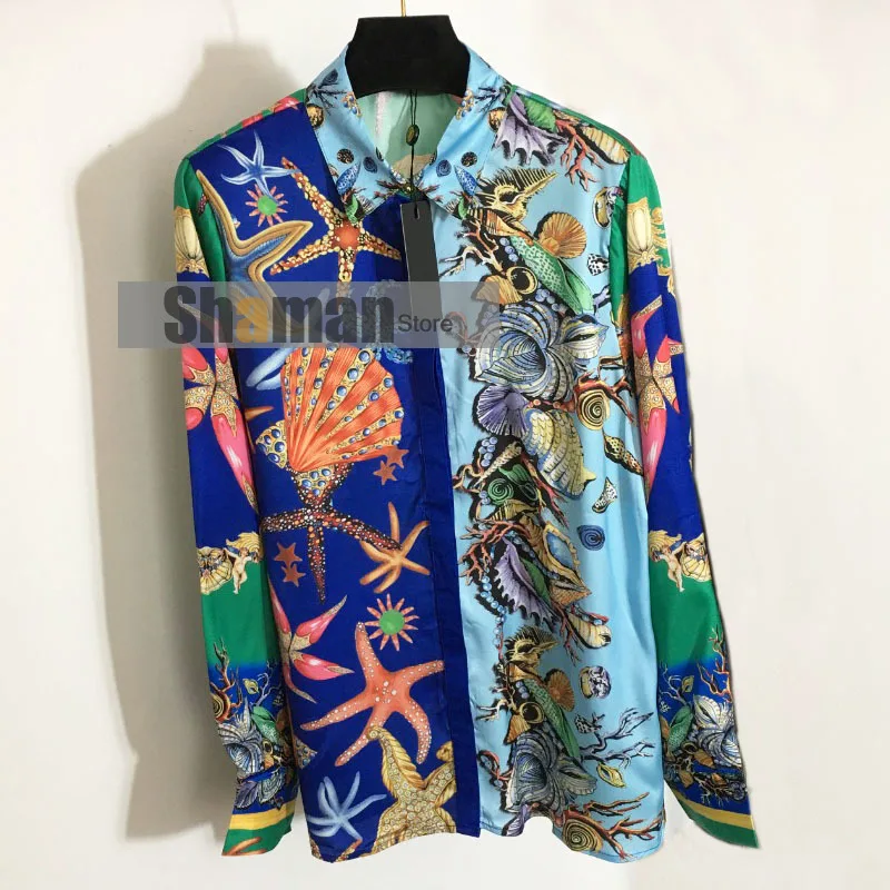 

Luxury Designer branded Women spring Shirts blue Starfish Creature Print Lapel Long Sleeve Shirt womens tops camisas mujer S-L
