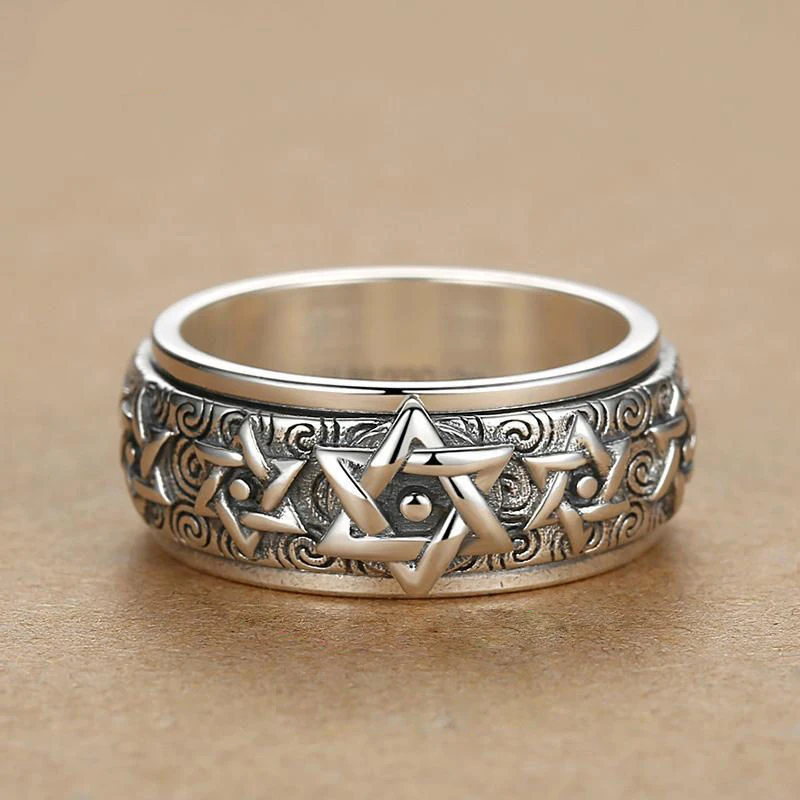 HX Silberfarbener drehbarer Ring für Herren, Sterlingsilber, Retro, dominanter sechszackiger Stern, breite Version, thailändischer Zeigefinger, geschlossen – Detail 2