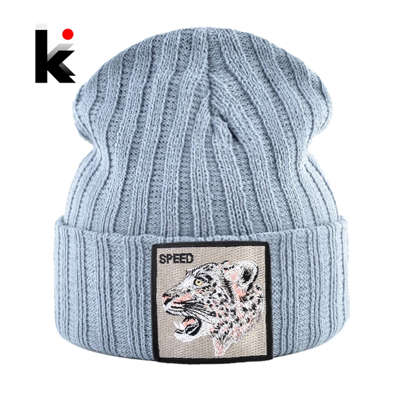 

Men's Warm Winter Hat Knitted Solid Color Skullies Beanies With Animal Embroidery Patch Streetwear Knit Hats Women Bonnet Hats
