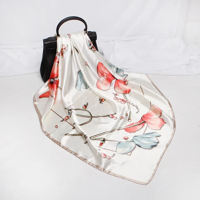 

2021 Fashion Flower Silk Scarf Printed Silk Scarf Women's Outdoor Sunscreen Shawl 90*90CM Decorative Square Scarf