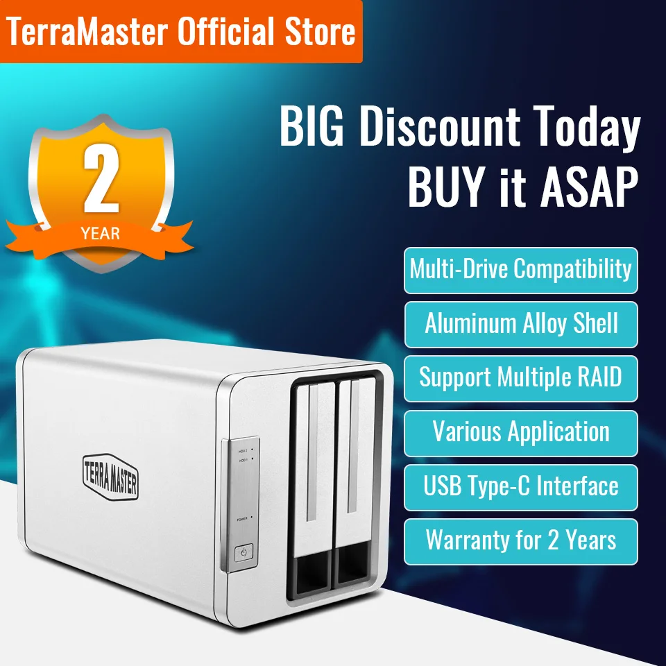 Внешний жесткий диск TERRAMASTER USB Type C RAID корпус USB3.0 (5 Гбит/с) 2 отсека Storage