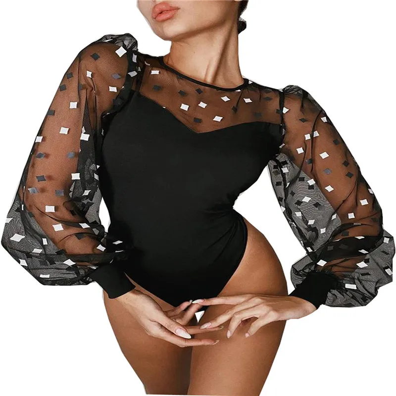 

Long Puff Sleeves Women Playsuit Casual Round Collar Black Bodycon Triangle Bodysuit Lady Spring Fall Slim Fit Streetwear Romper