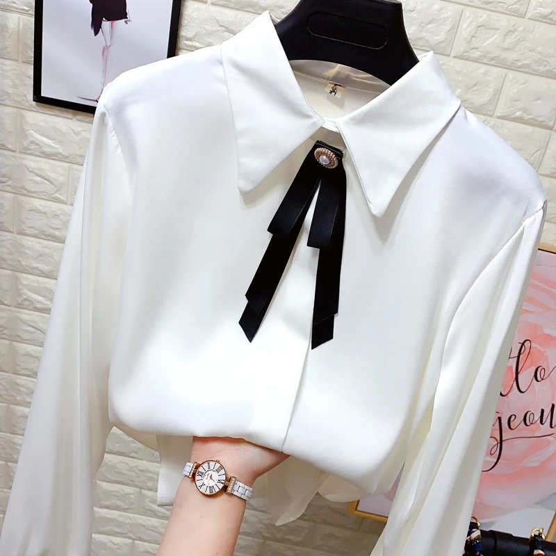 

Black Bow Lacing Decoration Rhinestone Pointed Collar Pearl Satin Women's Long Sleeve Chiffon Tops