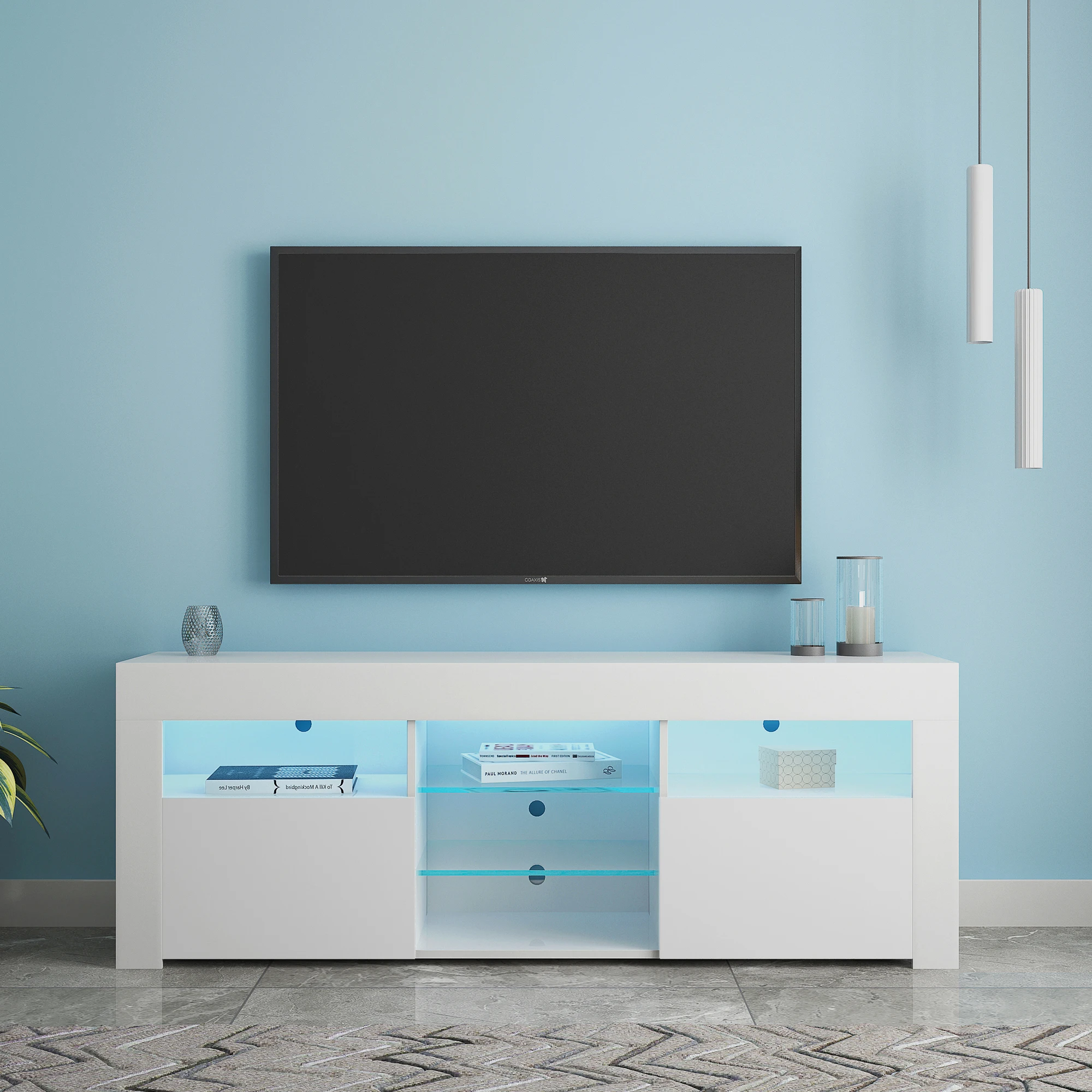 Matte Body High Gloss Fronts Tv Cabinet W/16 Color Leds Whit